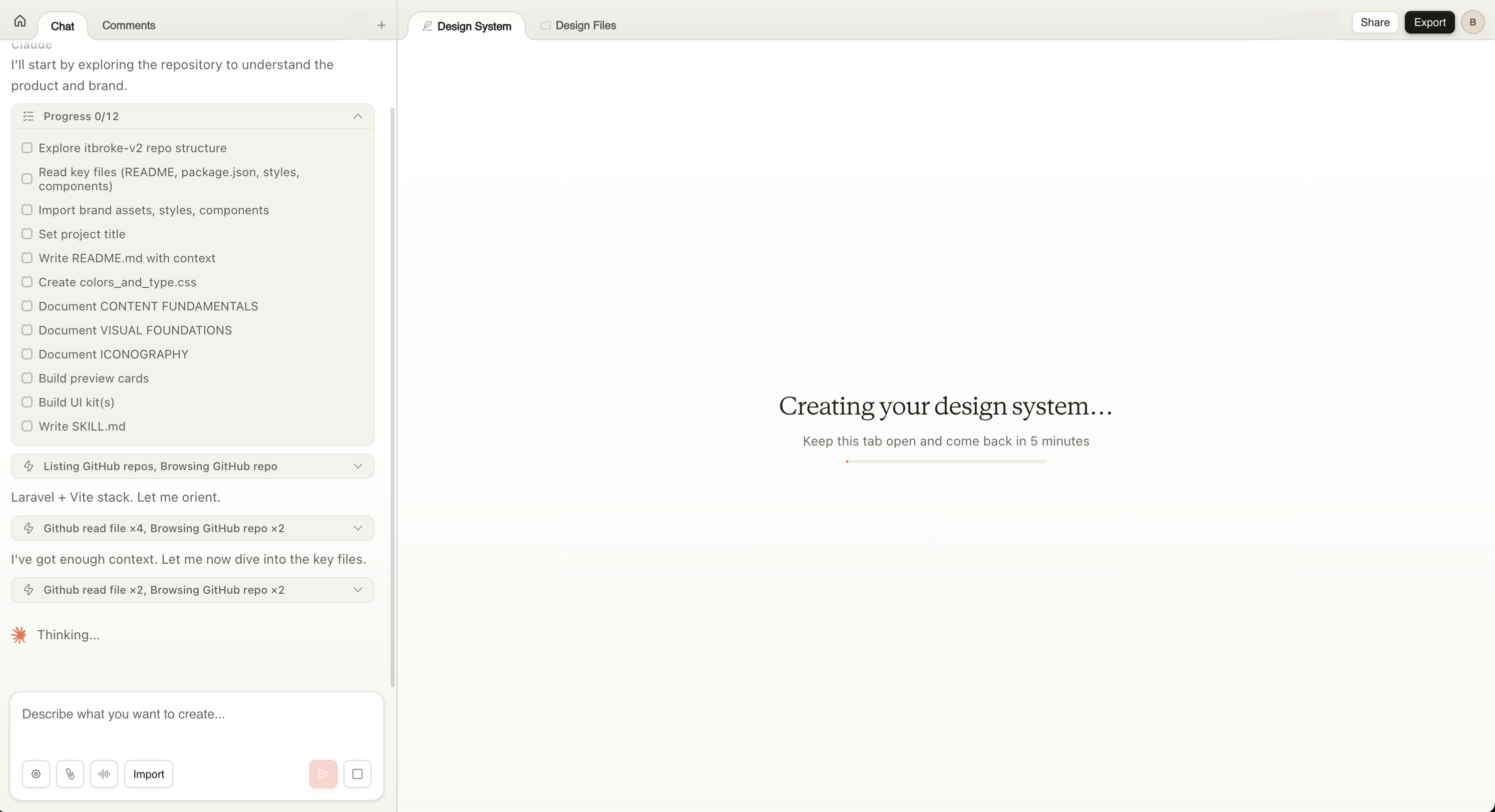 Claude Design reading the GitHub repo and building a design system