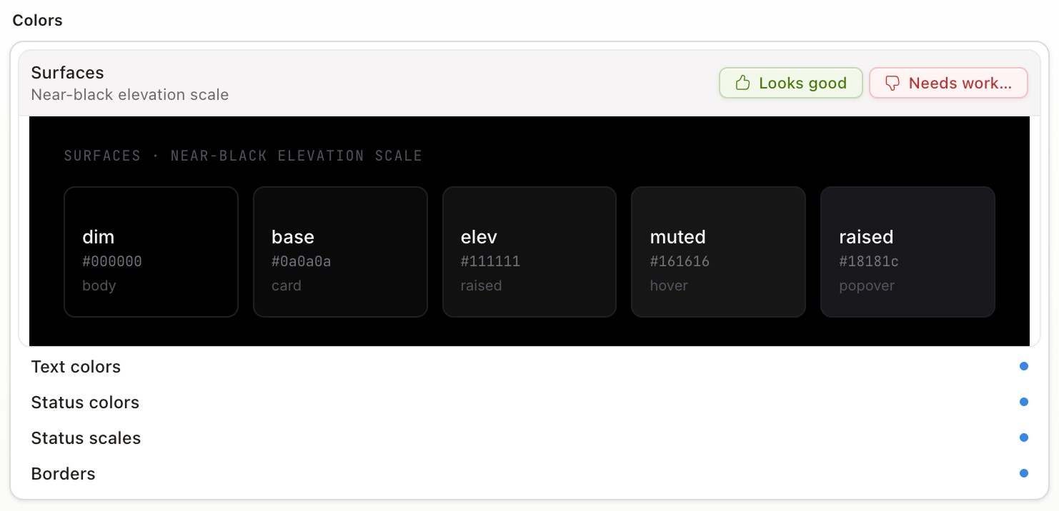 Surfaces and elevation scale from the generated brand kit