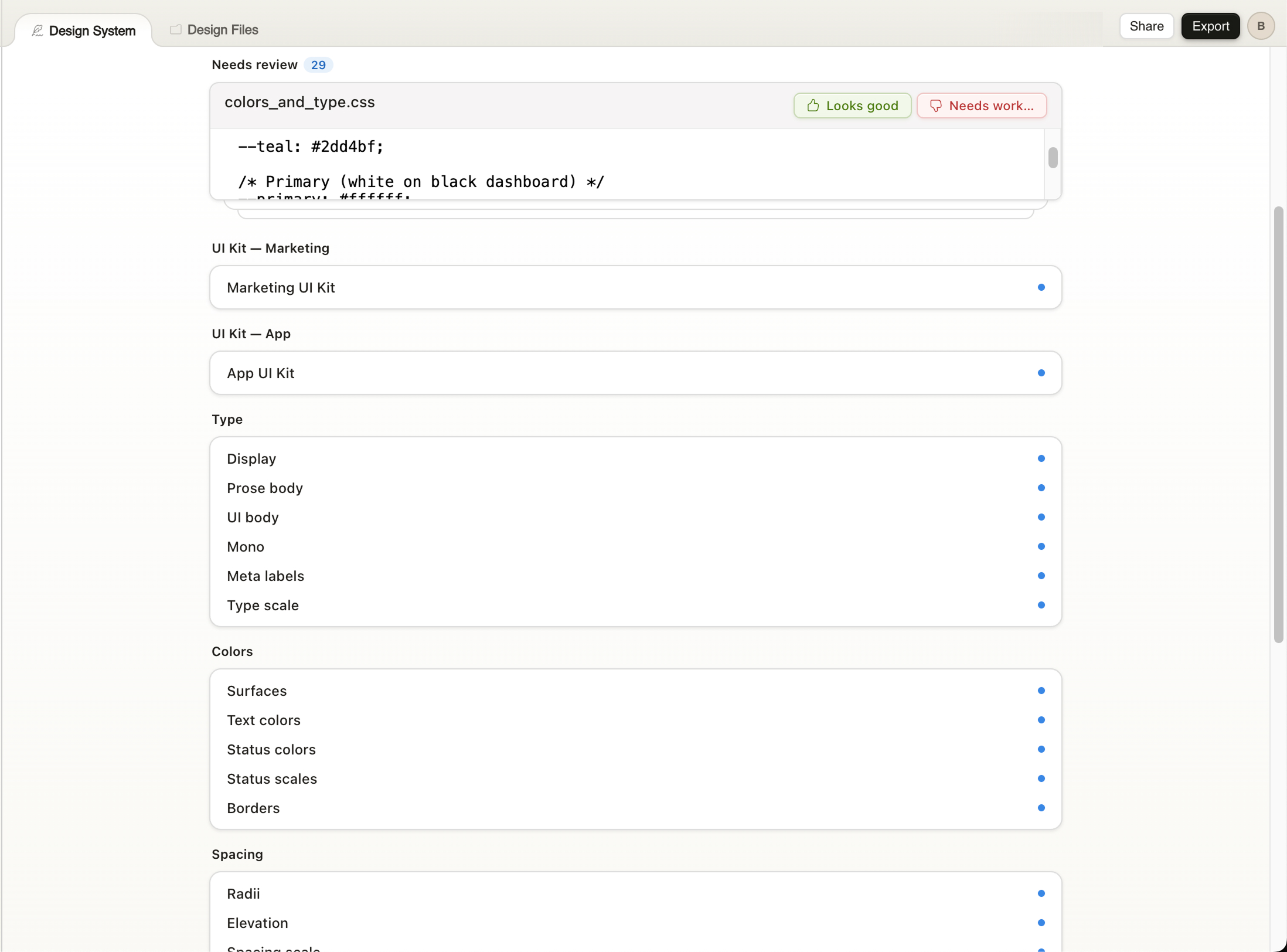 The complete design system output with UI kits, type, colors, spacing