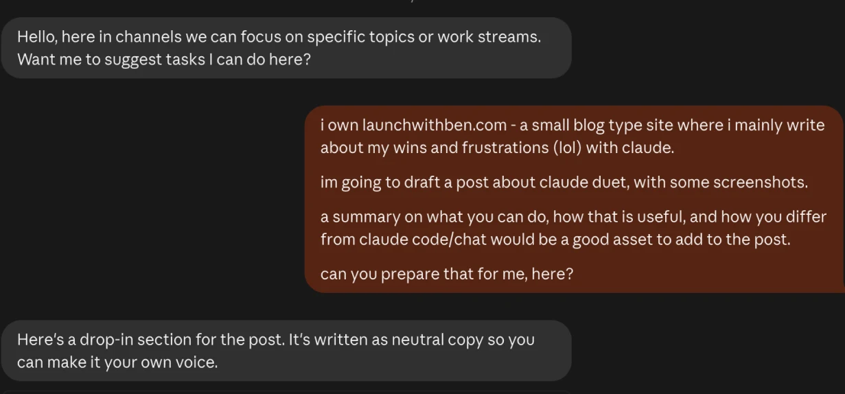 I ask Duet to draft a section of this post about what it can do
