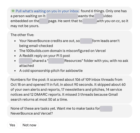 Duet's inbox report: six findings, the first of them that my email-verification credits are out. Names removed.