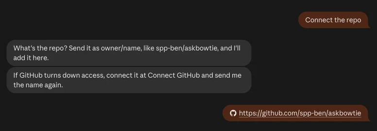 Duet asks me to send the repo as owner/name, with its own example showing my GitHub handle