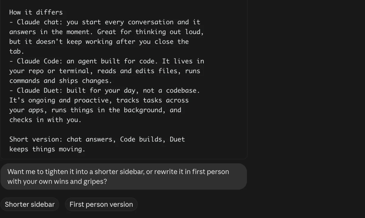 Duet's own description of how it differs from Claude chat and Claude Code