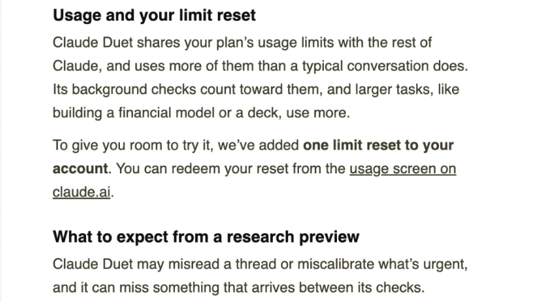 The welcome email's usage paragraph: Duet uses more of your plan's limits than a typical conversation, and your account gets one limit reset
