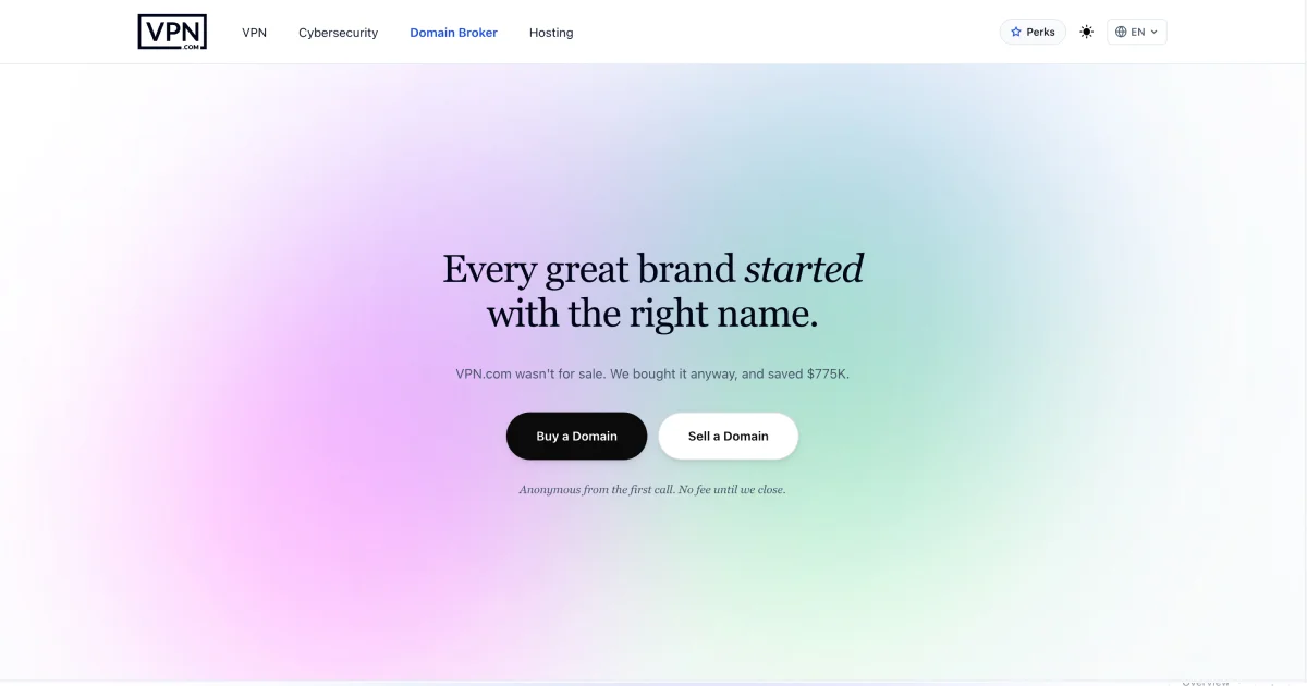 VPN.com domain broker page, refreshed with a clear value proposition and focused CTAs